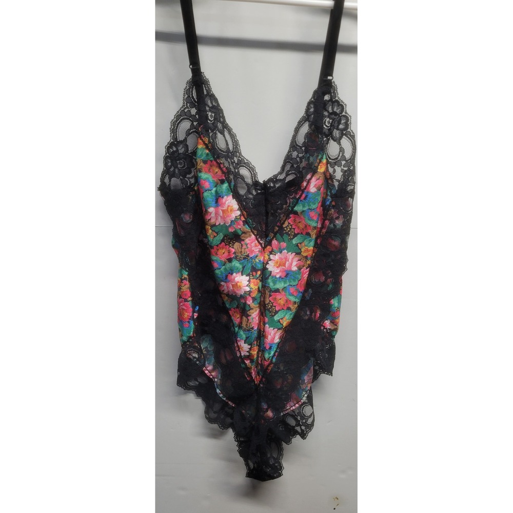 Fiori Collezione Vtg Floral Lace Trim Bodysuit Teddy Multi-Color Sleeveless sz M